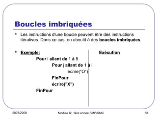 2007/2008 Module I2, 1ère année SMP/SMC 58
Boucles imbriquées
 Les instructions d'une boucle peuvent être des instructions
itératives. Dans ce cas, on aboutit à des boucles imbriquées
boucles imbriquées
 Exemple:
Exemple: Exécution
Exécution
Pour i allant de 1 à 5 OX
OX
Pour j allant de 1 à i OOX
OOX
écrire("O") OOOX
OOOX
FinPour OOOOX
OOOOX
écrire("X") OOOOOX
OOOOOX
FinPour
 