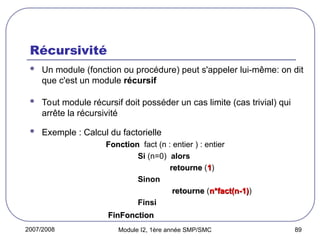 2007/2008 Module I2, 1ère année SMP/SMC 89
Récursivité
 Un module (fonction ou procédure) peut s'appeler lui-même: on dit
que c'est un module récursif
 Tout module récursif doit posséder un cas limite (cas trivial) qui
arrête la récursivité
 Exemple : Calcul du factorielle
Fonction
Fonction fact (n : entier ) : entier
Si (n=0) alors
retourne
retourne (1
1)
Sinon
retourne
retourne (n*fact(n-1)
n*fact(n-1))
Finsi
FinFonction
FinFonction
 