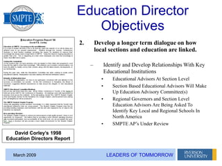 LEADERS OF TOMMORROWMarch 2009
Education Director
Objectives
2. Develop a longer term dialogue on how
local sections and e...