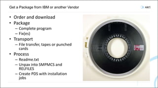 Get a Package from IBM or another Vendor
• Order and download
• Package
– Complete program
– Fix(es)
• Transport
– File transfer, tapes or punched
cards
• Process
– Readme.txt
– Unpax into SMPMCS and
RELFILES
– Create PDS with installation
jobs
 