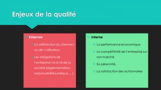 Enjeux de la qualité
 Externes
 La satisfaction du client et /
ou de l’utilisateur,
 Les obligations de
l’entreprise vis-à-vis de la
société (réglementation,
responsabilité juridique, …)
 Interne
 La performance économique
 La compétitivité de l’entreprise sur
son marché,
 Sa pérennité,
 La satisfaction des actionnaires
 