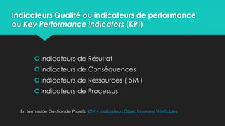 Indicateurs Qualité ou indicateurs de performance
ou Key Performance Indicators (KPI)
Indicateurs de Résultat
Indicateurs de Conséquences
Indicateurs de Ressources ( 5M )
Indicateurs de Processus
En termes de Gestion de Projets, IOV = Indicateurs Objectivement Vérifiables
 