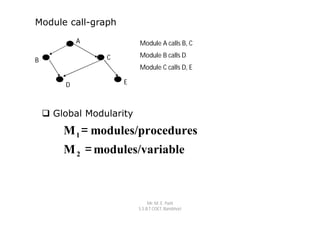Module call-graph
            A             Module A calls B, C

                 C        Module B calls D
B
                          Module C calls D, E

        D            E



     Global Modularity
        M 1 = modules/procedures
        M 2 = modules/variable



                               Mr. M. E. Patil
                          S.S.B.T COET, Bambhori
 