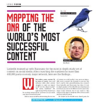 LinkedIn teamed up with Buzzsumo for the most in-depth study yet of
content on social media. After crunching the numbers for more than
400,000 posts on every major network, here are the ﬁndings...
L O N G F O R M
Mapping the
DNA of the
orld’s Most
Successful
Content
hat makes some content fly
in terms of reach, buzz and
influence while other content
struggles to make an impact
at all? Is it the subject matter?
The catchy headlines? The
right format? What should you
be creating content about—and how can you make
sure that content hits home?
With so many variables determining the success
of content on social media it can seem an impos-
sible task to unravel the formula for success. But
that’s exactly what groundbreaking new research
from LinkedIn and Buzzsumo has done. It took
in-depth analysis of the 400,000 most shared posts
in the last year across 10 different sectors and every
major social network, but it was worth it. This
unique study maps in detail the DNA of the world’s
most successful content.
We looked at the 40,000 most shared posts for
FIG. 2
B O S S U S C O L O S S U S
Elon Musk
FIG. 1
S O C I A L I S A V E M
Tweety Bird
LIKE WHAT YOU SEE? Explore the full launch issue and you can read this feature in full
 