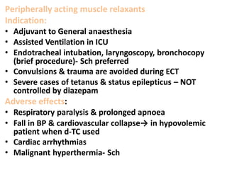 Peripherally acting muscle relaxants
Indication:
• Adjuvant to General anaesthesia
• Assisted Ventilation in ICU
• Endotracheal intubation, laryngoscopy, bronchocopy
(brief procedure)- Sch preferred
• Convulsions & trauma are avoided during ECT
• Severe cases of tetanus & status epilepticus – NOT
controlled by diazepam
Adverse effects:
• Respiratory paralysis & prolonged apnoea
• Fall in BP & cardiovascular collapse→ in hypovolemic
patient when d-TC used
• Cardiac arrhythmias
• Malignant hyperthermia- Sch
 