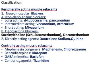 Classification:
Peripherally acting muscle relaxants
1. Neuromuscular Blockers
A. Non-depolarizing blockers:
• Long acting: d-tubocurarine, pancuronium
• Intermediate acting: Vecuronium, Atracurium
• Short acting: Mivacurium
B. Depolarizing blockers:
Succinylcholine (Sch, Suxamethonium), Decamethonium
2. Directly acting agents: Dantrolene Sodium,Quinine
Centrally acting muscle relaxants
• Mephenesin congeners: Mephenesin, Chlorzoxazone
• Benzodiazepines: Diazepam
• GABA mimetics: Baclofen
• Central α2 agonist: Tizanidine
 