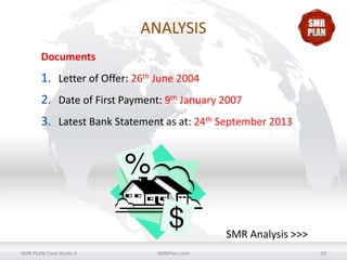 ANALYSIS
Documents

1. Letter of Offer: 26th June 2004
2. Date of First Payment: 9th January 2007
3. Latest Bank Statement as at: 24th September 2013

SMR Analysis >>>
SMR PLAN Case Study 3

SMRPlan.com

10

 