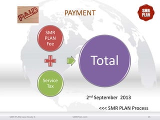 PAYMENT
SMR
PLAN
Fee

Total
Service
Tax

2nd September 2013
<<< SMR PLAN Process
SMR PLAN Case Study 3

SMRPlan.com

15

 