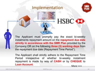 Implementation

The Applicant must promptly pay the exact bi-weekly
instalments repayment amount on the repayment due date
strictly in accordance with the SMR Plan provided by the
Company OR on the following three (3) working days from
the repayment due date (Repayment Time Period”).
The Applicant shall strictly adhere to the Repayment Time
Period irrespective of whether bi-weekly instalment
repayment is made by way of CASH or by CHEQUE to
Loan Account.
More >>>
SMR PLAN Case Study 3

SMRPlan.com

34

 