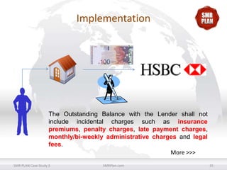 Implementation

The Outstanding Balance with the Lender shall not
include incidental charges such as insurance
premiums, penalty charges, late payment charges,
monthly/bi-weekly administrative charges and legal
fees.
More >>>
SMR PLAN Case Study 3

SMRPlan.com

35

 