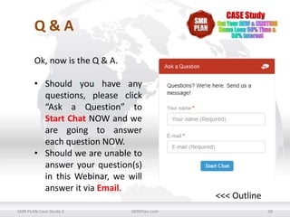 Q&A
Ok, now is the Q & A.
• Should you have any
questions, please click
“Ask a Question” to
Start Chat NOW and we
are going to answer
each question NOW.
• Should we are unable to
answer your question(s)
in this Webinar, we will
answer it via Email.
SMR PLAN Case Study 3

SMRPlan.com

<<< Outline
38

 