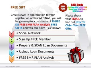 FREE GIFT
Great News! In appreciation to your
registration of this WEBINAR, you will
be given up to a maximum of THREE
(3) FREE SMR PLAN Analysis FREE
GIFTS and you can claim it as follows:

Please check
your EMAIL to
find out How To
Claim Your FREE
Gifts.

1

• Social Network

2

• Sign Up FREE Member

3

• Prepare & SCAN Loan Documents

4

• Upload Loan Documents

5

• FREE SMR PLAN Analysis

SMR PLAN Case Study 3

SMRPlan.com

39

 