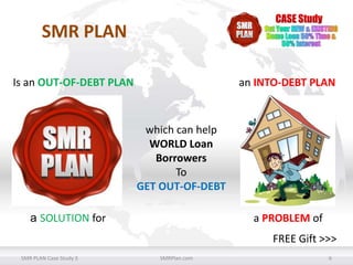 SMR PLAN
Is an OUT-OF-DEBT PLAN

an INTO-DEBT PLAN

which can help
WORLD Loan
Borrowers
To
GET OUT-OF-DEBT

a SOLUTION for

a PROBLEM of

FREE Gift >>>
SMR PLAN Case Study 3

SMRPlan.com

6

 