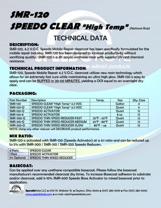 SMR-120
SPEEDO CLEAR “High Temp”                                                                   (National Rule)


                                TECHNICAL DATA
DESCRIPTION:
SMR-120, 4.2 V.O.C. Speedo Mobile Repair clearcoat has been specifically formulated for the
mobile repair industry. SMR-120 has been designed to increase productivity without
sacrificing quality. SMR-120 is a 2K acrylic urethane clear with superior UV and chemical
resistance.

TECHNICAL PRODUCT INFORMATION:
SMR-120, Speedo Mobile Repair 4.2 V.O.C. clearcoat utilizes new resin technology which
allows for an extremely fast cure while maintaining an ultra high gloss. SMR-120 is easy to
apply and can be BUFFED in 30-60 MINUTES, yielding a DOI equal to an overnight dry
clear.

PACKAGING:
Part Number Description                                      Temp.                Size        Qty. Case
SMR-120        SPEEDO CLEAR “High Temp” 4.2 VOC                                  Gallon           4
SMR-120-Q      SPEEDO CLEAR “High Temp” 4.2 VOC                                  Quart            6
SMR-150-Q      SPEEDO ACTIVATOR                                                  Quart           12
SMR-150-8      SPEEDO ACTIVATOR                                                   8 oz.          12
SMR-300-Q      SPEEDO THIN SPEED REDUCER FAST              55°F - 65°F           Quart           12
SMR-310-Q      SPEEDO THIN SPEED REDUCER MEDIUM            65°F - 80°F           Quart           12
SMR-320-Q      SPEEDO THIN SPEED REDUCER SLOW               80°F - up            Quart           12
NOTE: Using any other reducer will DECREASE product performance.

MIX RATIO:
SMR-120 is activated with SMR-150 (Speedo Activator) at a 4:1 ratio and can be reduced up
to 5% with SMR-300 / SMR-310 / SMR-320 Speedo Reducers.
4 Parts       SPEEDO CLEAR
1 Part        SPEEDO ACTIVATOR
5% Optional   SPEEDO THIN SPEED REDUCER

BASECOAT:
Can be applied over any urethane compatible basecoat. Please follow the basecoat
manufacture’s recommended clearcoat dry times. To increase Basecoat adhesion to substrate
and/or clearcoat, add 5-10% SMR-600 Speedo Base Activator to mixed basecoat prior to
application.

           SpeedoKote LLC ■ 5701 N. Webster St. ■ Dayton, Ohio 45414 ■ (937) 280-0091 ■ Fax (937) 280-0092
           www.speedokote.com ■ e-mail: sales@speedokote.com
 