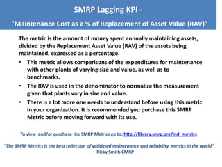 SMRP Lagging KPI “Maintenance Cost as a % of Replacement of Asset Value (RAV)”
The metric is the amount of money spent annually maintaining assets,
divided by the Replacement Asset Value (RAV) of the assets being
maintained, expressed as a percentage.
• This metric allows comparisons of the expenditures for maintenance
with other plants of varying size and value, as well as to
benchmarks.
• The RAV is used in the denominator to normalize the measurement
given that plants vary in size and value.
• There is a lot more one needs to understand before using this metric
in your organization. It is recommended you purchase this SMRP
Metric before moving forward with its use.
To view and/or purchase the SMRP Metrics go to: http://library.smrp.org/ind_metrics
“The SMRP Metrics is the best collection of validated maintenance and reliability metrics in the world”
‒ Ricky Smith CMRP

 