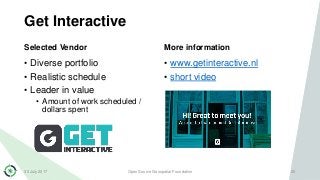 Get Interactive
Selected Vendor
• Diverse portfolio
• Realistic schedule
• Leader in value
• Amount of work scheduled /
do...