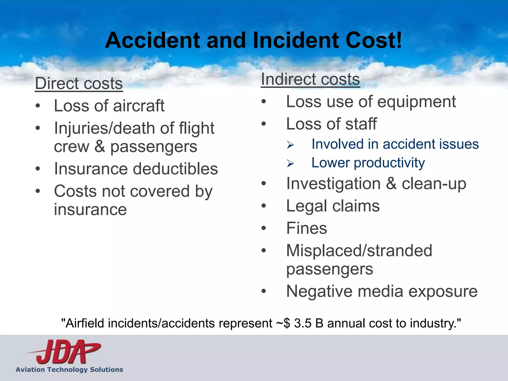 Accident and Incident Cost!
     Direct costs                               Indirect costs
     • Loss of aircraft                         • Loss use of equipment
     • Injuries/death of flight                 • Loss of staff
        crew & passengers                                Involved in accident issues
     • Insurance deductibles                             Lower productivity

     • Costs not covered by                     •    Investigation & clean-up
        insurance                               •    Legal claims
                                                •    Fines
                                                •    Misplaced/stranded
                                                     passengers
                                                •    Negative media exposure
            "Airfield incidents/accidents represent ~$ 3.5 B annual cost to industry."


Aviation Technology Solutions
 