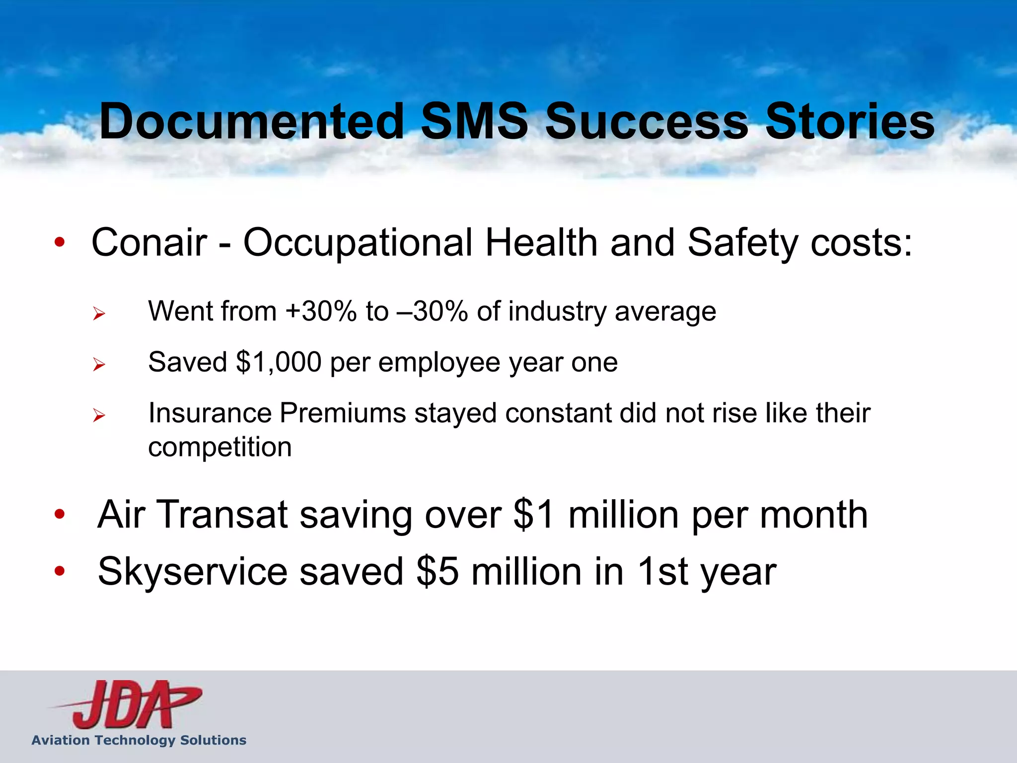 Documented SMS Success Stories

  • Conair - Occupational Health and Safety costs:
              Went from +30% to –30% of industry average
              Saved $1,000 per employee year one
              Insurance Premiums stayed constant did not rise like their
               competition

  • Air Transat saving over $1 million per month
  • Skyservice saved $5 million in 1st year



Aviation Technology Solutions
 