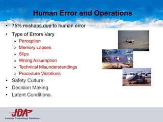 Human Error and Operations
• 75% mishaps due to human error
• Type of Errors Vary
          Perception
          Memory Lapses
          Slips
          Wrong Assumption
          Technical Misunderstandings
          Procedure Violations
• Safety Culture
• Decision Making
• Latent Conditions



Aviation Technology Solutions
 