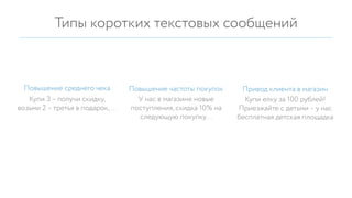 Типы коротких текстовых сообщений
У нас в магазине новые
поступления, скидка 10% на
следующую покупку…
Купи 3 – получи скидку,
возьми 2 – третья в подарок,…
Купи елку за 100 рублей!
Приезжайте с детьми – у нас
бесплатная детская площадка
Повышение частоты покупокПовышение среднего чека Привод клиента в магазин
 