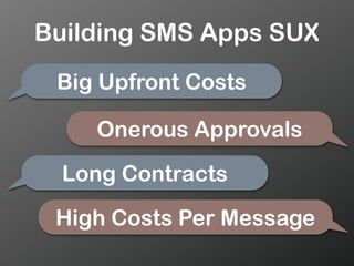 Building SMS Apps SUX
 Big Upfront Costs

    Onerous Approvals

  Long Contracts

 High Costs Per Message
 