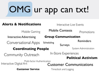 OMG ur app can txt!
Alerts & Notiﬁcations                                  Interactive Live Events

                  Mobile Gaming              Mobile Contests               Promotions
     Interactive Advertising            Group Communication
                                                          Reminders
    Conversational Apps                Scheduling
                                                  Surveys
          Coordinating People                                        System Administration

  Community Outreach                          In-Store Experiences
                                                          Political Activism
                    Multi-factor Authentication
Interactive Digital Art                    Customer Communications
             Customer Service                     Timeclock and Logging
 