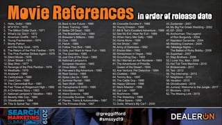 1. Hello, Dolly! - 1969
2. M*A*S*H - 1970
3. The Million Dollar Duck - 1971
4. What’s Up, Doc? - 1972
5. American Graffiti - 1973
6. Young Frankenstein - 1974
7. Monty Python
and the Holy Grail - 1975
8. The Return of the Pink Panther - 1975
9. The Pink Panther Strikes Again - 1976
10.Silent Movie - 1976
11.Silver Streak - 1976
12.Slap Shot - 1977
13.Revenge of the Pink Panther - 1978
14.Meatballs - 1979
15.Airplane! - 1980
16.Caddyshack - 1980
17.Used Cars - 1980
18.The Cannonball Run - 1981
19.Fast Times at Ridgemont High – 1982
20.A Christmas Story – 1983
21.National Lampoon’s Vacation - 1983
22.Beverly Hills Cop - 1984
23.Ghostbusters - 1984
24.This Is Spinal Tap - 1984
25.Back to the Future - 1985
26.Basic Training - 1985
27.Better Off Dead - 1985
28.The Breakfast Club - 1985
29.Brewster’s Millions - 1985
30.Clue - 1985
31.Fletch - 1985
32.Follow That Bird - 1985
33.Girls Just Want to Have Fun - 1985
34.The Goonies - 1985
35.Just One of the Guys - 1985
36.National Lampoon’s
European Vacation - 1985
37.Once Bitten - 1985
38.Pee-wee’s Big Adventure - 1985
39.Real Genius - 1985
40.Spies Like Us - 1985
41.Summer Rental - 1985
42.Teen Wolf - 1985
43.Transylvania 6-5000 - 1985
44.Volunteers - 1985
45.Weird Science - 1985
46.Crocodile Dundee - 1986
47.Planes, Trains & Automobiles - 1987
48.The Princess Bride - 1987
49.Crocodile Dundee II - 1988
50.Young Einstein - 1988
51.Bill & Ted’s Excellent Adventure - 1989
52.See No Evil, Hear No Evil - 1989
53.When Harry Met Sally - 1989
54.Home Alone - 1990
55.Hot Shots! - 1991
56.Army of Darkness - 1992
57.Encino Man - 1992
58.Honeymoon in Vegas - 1992
59.Groundhog Day - 1993
60.So I Married an Axe Murderer - 1993
61.The Adventures of Priscilla,
Queen of the Desert - 1994
62.Ace Ventura: Pet Detective - 1994
63.Clueless - 1995
64.Tommy Boy - 1995
65.The Cable Guy - 1996
66.Happy Gilmore - 1996
67.Mars Attacks! - 1996
68.Liar Liar - 1997
69.Rushmore - 1998
70.The Waterboy - 1998
71.Office Space - 1999
72.Dude, Where’s My Car? - 2000
43.Zoolander - 2001
44.My Big Fat Greek Wedding - 2002
45.Elf - 2003
46.Anchorman: The Legend
of Ron Burgundy - 2004
47.Napoleon Dynamite - 2004
48.Wedding Crashers - 2005
49.Talladega Nights –
The Ballad of Ricky Bobby - 2006
50.Superbad - 2007
51.Step Brothers - 2008
52.I Love You, Man - 2009
53.Hot Tub Time Machine - 2010
54.Bridesmaids - 2011
55.Ted - 2012
56.The Internship - 2013
57.Neighbors - 2014
58.Vacation - 2015
59.Ghostbusters - 2016
60.Jumanji: Welcome to the Jungle - 2017
61.Blockers - 2018
62.The Missing Link - 2019
 