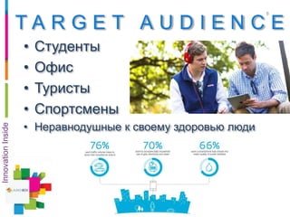 • Студенты
• Офис
• Туристы
• Спортсмены
• Неравнодушные к своему здоровью люди
8
InnovationInside
T A R G E T A U D I E N C E
 
