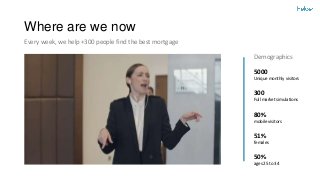 Where are we now
Every week, we help +300 people find the best mortgage
Demographics
5000
Unique monthly visitors
300
Full market simulations
80%
mobile visitors
51%
females
50%
ages 25 to 34
 