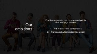Our
ambitions
Enable everyone to find, compare and get the
best mortgage possible.
1. Full market value comparisons
2. Transparent & fast contact to contract
 