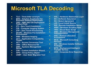 Microsoft TLA Decoding
 TLA – Three-letter acronym         HAL – Hardware Abstraction Layer
 BDD – Solution Accelerator for     SA – Software Assurance
 Business Desktop Deployment        SA – Select Agreement
 OSD – SMS 2003 OS Deployment       LIS – Local Install Source
 Feature Pack
 ZTI – Zero Touch Installation      RIS – Remote Installation Server
 CIS – Computer Imaging System      WSH – Windows Scripting Host
 ZTP – Zero Touch Provisioning      VBS – Visual Basic Script
 WinPE – Windows Pre-Installation   WMI – Windows Management
 Environment                        Instrumentation
 WIM – Windows Imaging              PXE – Preboot eXecution-
                                    Environment
 ACT – Application Compatibility
 Toolkit                            MCS – Microsoft Consulting
                                    Services
 ACT – Access Conversion Tool
 ORK – Office Resource Kit          MSI – Windows Installer Software
                                    Packages
 SMS – Systems Management
 Server                             BITS – Background Intelligent
 CIW – Custom Installation Wizard   Transfer Service
 GPO – Group Policy Object          CER – Corporate Error Reporting
 USMT – User State Migration Tool
 