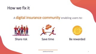 How we fix it
we #insure the future 3
A digital insurance community enabling users to:
Share risk Save time Be rewarded
 