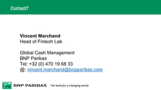 Contact?
Vincent Marchand
Head of Fintech Lab
Global Cash Management
BNP Paribas
Tel: +32 (0) 470 19 68 33
@: vincent.marchand@bnpparibas.com
 