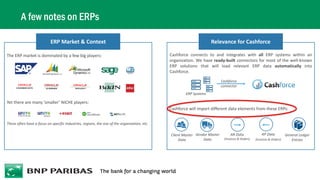 A few notes on ERPs
The ERP market is dominated by a few big players:
Yet there are many ‘smaller’ NICHE players:
These often have a focus on specific industries, regions, the size of the organization, etc.
ERP Market & Context
Cashforce connects to and integrates with all ERP systems within an
organization. We have ready-built connectors for most of the well-known
ERP solutions that will load relevant ERP data automatically into
Cashforce.
Relevance for Cashforce
ERP Systems
Cashforce
connector
Cashforce will import different data elements from these ERPs:
Client Master
Data
Vendor Master
Data
AR Data
(Invoices & Orders)
AP Data
(Invoices & Orders)
General Ledger
Entries
 