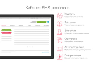 Кабинет SMS-рассылок
Контакты
Создавайте группы контактов
Рассылки
Управляйте временем рассылок
Экономия
Отправляйте только активным номерам
Статистика
Анализируйте эффективность
Автоподстановка
Обращайтесь к каждому клиенту по имени
Поздравления
Повышайте лояльность подписчиков
8 800 555 7 550
Рассылки Контакты Виджеты Счета Статистика Настройки
Пополнить баланс
Добавить группу
Все контакты
 
