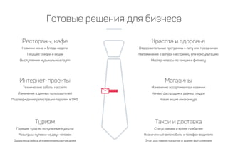 Готовые решения для бизнеса
Рестораны, кафе
Новинки меню и блюда недели
Текущие скидки и акции
Выступления музыкальных групп
Красота и здоровье
Оздоровительные программы к лету или праздникам
Напоминание о записи на стрижку или консультацию
Мастер-классы по танцам и фитнесу
Магазины
Изменение ассортимента и новинки
Начало распродаж и размер скидок
Новая акция или конкурс
Интернет-проекты
Технические работы на сайте
Изменения в данных пользователей
Подтверждение регистрации паролем в SMS
Туризм
Горящие туры на популярные курорты
Розыгрыш путевки на двух человек
Задержка рейса и изменения расписания
Такси и доставка
Статус заказа и время прибытия
Назначенный автомобиль и телефон водителя
Этап доставки посылки и время выполнения
 