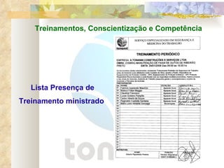 Treinamentos, Conscientização e Competência Lista Presença de Treinamento ministrado  