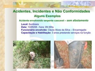 Acidentes, Incidentes e Não Conformidades Acidente envolvendo serpente cascavel –  sem afastamento Alguns Exemplos Local:  Itumbiara Data:  13/05/08 - hora: 09:35hs Funcionário envolvido:  Clezio Alves da Silva – Encarregado Capacitação e Habilitação:  3 anos prestando serviços na função 
