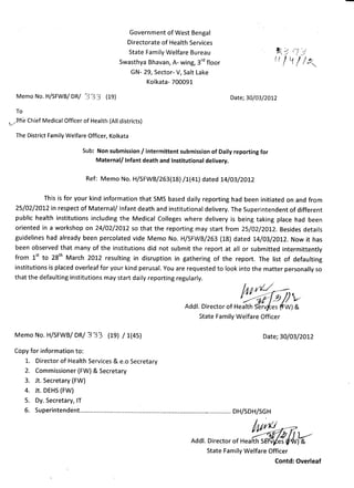 Government West Bengal
                                                                       of
                                                           Directorate Health
                                                                     of      Services
                                                           S t a t eF a m i l y e l f a r e u r e a u
                                                                              W            B                                            q7 r.l/
                                                      Swasthya
                                                             Bhavan, wing,3'ofloor
                                                                    A-                                                                 n f t4 /s,,
                                                                                                                                             /
                                                        GN-29, Sector- SaltLake
                                                                     V,
                                                                     Kolkata-
                                                                            700091

  M e m o o .H / S F W B / D R /' 3 3
         N                   3                 (1e)                                                             Date;30/03/2012
  To
u]{e Chief
         Medical
               Officer Health districts)
                     of     (All

  TheDistrict
            Family
                 Welfare
                       Officer,
                              Kolkata

                                   Sub:Nonsubmissionintermittent
                                                    /           submission Dailyreporting
                                                                           of           for
                                      Maternal/InfantdeathandInstitutional
                                                                        delivery.

                                     Ref: Memo No. H/SFWB/263(1S)
                                                               /L(4Ll dated L4/O3/2OL2

               Thisis for your kind informationthat SMSbaseddailyreportinghad been initiatedon and from
 25/02/20!2in respect Maternal/lnfantdeathand institutional
                                       of                                                            delivery.       The Superintendent different  of
 p u b l i ch e a l t hi n s t i t u t i o n sn c l u d i n gh e M e d i c a lC o l l e g e w h e r e d e l i v e r y s b e i n gt a k i n gp l a c eh a d b e e n
                                             i              t                               s                        i
 orientedin a workshopon 24/O2/2OL2 that the reportingmay start from 25/02/20L2.
                                    so                                         Besides
                                                                                     details
 guidelineshad alreadybeen percolated
                                    vide Memo No. H/SFWB/263 (18) dated L4/03/2O1Z.
                                                                                  Now it has
 been observed  that many of the institutions not submitthe report at all or submittedintermittently
                                            did
 from L't to 28th March 201.2resultingin disruptionin gatheringof the report. The list of defaulting
 institutions placed
            is       overleaf your kind perusal.
                             for                You are requested look into the matterpersonally
                                                                to                               so
 that the defaulting
                   institutions
                              may startdailyreportingregularly.
                                                                                                                      lttrdJ-=-
                                                                                         Addr or
                                                                                           Director
                                                                                                ^:kfrL:/lk
                                                                                                StateFamily
                                                                                                          WelfareOfficer

 M e m o N o .H / S F W BD R / 3 3 3
                         /                       (ts) /t(4sl                                                                     Date;30/03/2012

 Copyfor information
                   to:
       L. Director HealthServices e.o Secretary
                 of             &
                     (FW)& Secretary
       2. Commissioner
                      (FW)
       3. Jt. Secretary
       4. Jt. DEHS(FW)
       5. Dy.Secretary,
                      lT
       6. Superintendent..........                                                                            . . .D H / S D H / S G H


                                                                                                                           M
                                                                                            Addl. Directorof HealthSffrTtlei w) &
                                                                                                 StateFamily  WelfareOfficer
                                                                                                                                               'l>"

                                                                                                                                       Contd:Overleaf
 