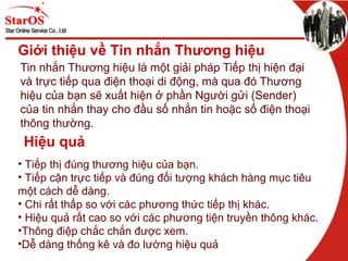 Hiệu quả
Tin nhắn Thương hiệu là một giải pháp Tiếp thị hiện đại
và trực tiếp qua điện thoại di động, mà qua đó Thương
hiệu của bạn sẽ xuất hiện ở phần Người gửi (Sender)
của tin nhắn thay cho đầu số nhắn tin hoặc số điện thoại
thông thường.
• Tiếp thị đúng thương hiệu của bạn.
• Tiếp cận trực tiếp và đúng đối tượng khách hàng mục tiêu
một cách dễ dàng.
• Chi rất thấp so với các phương thức tiếp thị khác.
• Hiệu quả rất cao so với các phương tiện truyền thông khác.
•Thông điệp chắc chắn được xem.
•Dễ dàng thống kê và đo lường hiệu quả
Giới thiệu về Tin nhắn Thương hiệu
 