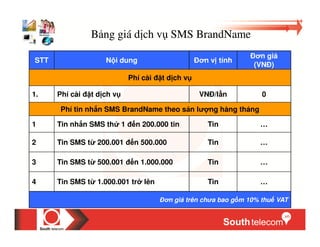 B ng giá d ch v SMS BrandName
                                                                  ơn giá
STT                   N i dung                    ơn v tính
                                                                 (VN )
                             Phí cài   t d ch v

1.    Phí cài     t d ch v                        VN /l n          0

       Phí tin nh n SMS BrandName theo s n lư ng hàng tháng

1     Tin nh n SMS th 1        n 200.000 tin        Tin           …

2     Tin SMS t    200.001    n 500.000             Tin           …

3     Tin SMS t    500.001    n 1.000.000           Tin           …

4     Tin SMS t    1.000.001 tr lên                 Tin           …

                                       n giá trên cha bao g m 10% thu VAT
 