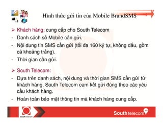 Hình th c g i tin c a Mobile BrandSMS

  Khách hàng: cung c p cho South Telecom
- Danh sách s Mobile c n g i.
- N i dung tin SMS c n g i (t i a 160 ký t , không d u, g m
  c kho ng tr ng).
- Th i gian c n g i.

  South Telecom:
- D a trên danh sách, n i dung và th i gian SMS c n g i t
  khách hàng, South Telecom cam k t g i úng theo các yêu
  c u khách hàng.
- Hoàn toàn b o m t thông tin mà khách hàng cung c p.
 
