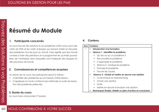 NOUS CONTRIBUONS À VOTRE SUCCÈS
SOLUTIONS EN GESTION POUR LES PME
60
TrouvezdesSolutionsàvosProblèmes
Résumé du Module
1. Participants concernés
2. Connaissances et compétences acquises
4. Contenu
3. Durée du cours
Le cours Trouver des solutions à vos problèmes a été conçu pour des
chefs de PME et les chefs d’équipe qui doivent traiter et résoudre
des problèmes tous les jours au travail. Cela signifie que leur travail
consiste à faire des prévisions et à programmer les activités journal-
ières de l’entreprise dans lesquelles sont impliqués des équipes et
des processus de travail.
Au terme de ce cours, les participants seront à même :
•	 d’identifier des problèmes qui ont besoin d’être résolus ;
•	 d’appliquer en toute confiance les méthodes et outils de résolu-
tion des problèmes présentés.
Le cours dure une journée (7 heures).
Jour Contenu
1 •	 Introduction à la formation
•	 Séance 1 : Identifier le problème
•	 Qu’est-ce qu’un problème ?
•	 Reconnaître le problème
•	 S’approprier le problème
•	 Séance 2 : Analyser le problème
•	 Formuler le problème
•	 Trouver les causes
•	 Séance 3 : Choisir et mettre en œuvre une solution
•	 La technique du brainstorming
•	 Choisir une solution
•	 Outils
•	 Mettre en œuvre et évaluer une solution
•	 Remarques finales, établir un plan d’action et conclusion
 