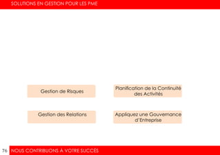 NOUS CONTRIBUONS À VOTRE SUCCÈS
SOLUTIONS EN GESTION POUR LES PME
76
Appliquez une Gouvernance
d’Entreprise
Planification de la Continuité
des Activités
Gestion des Relations
Gestion de Risques
 
