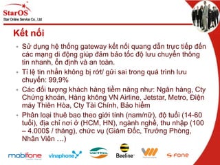 Kết nối Sử dụng hệ thống gateway kết nối quang dẫn trực tiếp đến các mạng di động giúp đảm bảo tốc độ lưu chuyển thông tin nhanh, ổn định và an toàn. Tỉ lệ tin nhắn không bị rớt/ gửi sai trong quá trình lưu chuyển: 99,9% Các đối tượng khách hàng tiềm năng như: Ngân hàng, Cty Chứng khoán, Hàng không VN Airline, Jetstar, Metro, Điện máy Thiên Hòa, Cty Tài Chính, Bảo hiểm Phân loại thuê bao theo giới tính (nam/nữ), độ tuổi (14-60 tuổi), địa chỉ nơi ở (HCM, HN), ngành nghề, thu nhập (100 – 4.000$ / tháng), chức vụ (Giám Đốc, Trưởng Phòng, Nhân Viên …) 