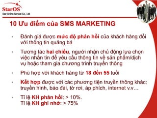 10 Ưu điểm của SMS MARKETING Đánh giá được  mức độ   phản hồi  của khách hàng đối với thông tin quảng bá Tương tác  hai chiều , người nhận chủ động lựa chọn việc nhắn tin để yêu cầu thông tin về sản phẩm/dịch vụ hoặc tham gia chương trình truyền thông Phù hợp với khách hàng từ  18 đến 55  tuổi Kết hợp  được với các phương tiện truyền thông khác: truyền hình, báo đài, tờ rơi, áp phích, internet v.v… Tỉ lệ  KH   phản hồi : > 10%. Tỉ lệ  KH ghi nhớ : > 75% 