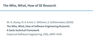 The Who, What, How of SE Research
M.-A. Storey, N. A. Ernst, C. Williams, E. Kalliamvakou (2020)
The Who, What, How of Software Engineering Research:
A Socio-technical Framework
Empirical Software Engineering, 25(5), 4097–4129
 