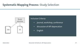 Systematic Mapping Process: Study Selection
SEAA 2022 Bonorden & Riebisch: API Deprecation 37
Inclusion Criteria:
• journal, workshop, conference
• discussion of API deprecation
• English
 