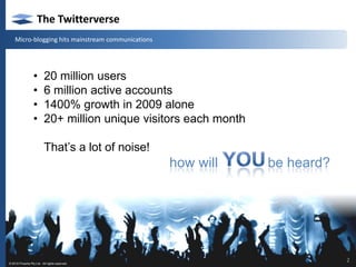 The TwitterverseMicro-blogging hits mainstream communications20 million users