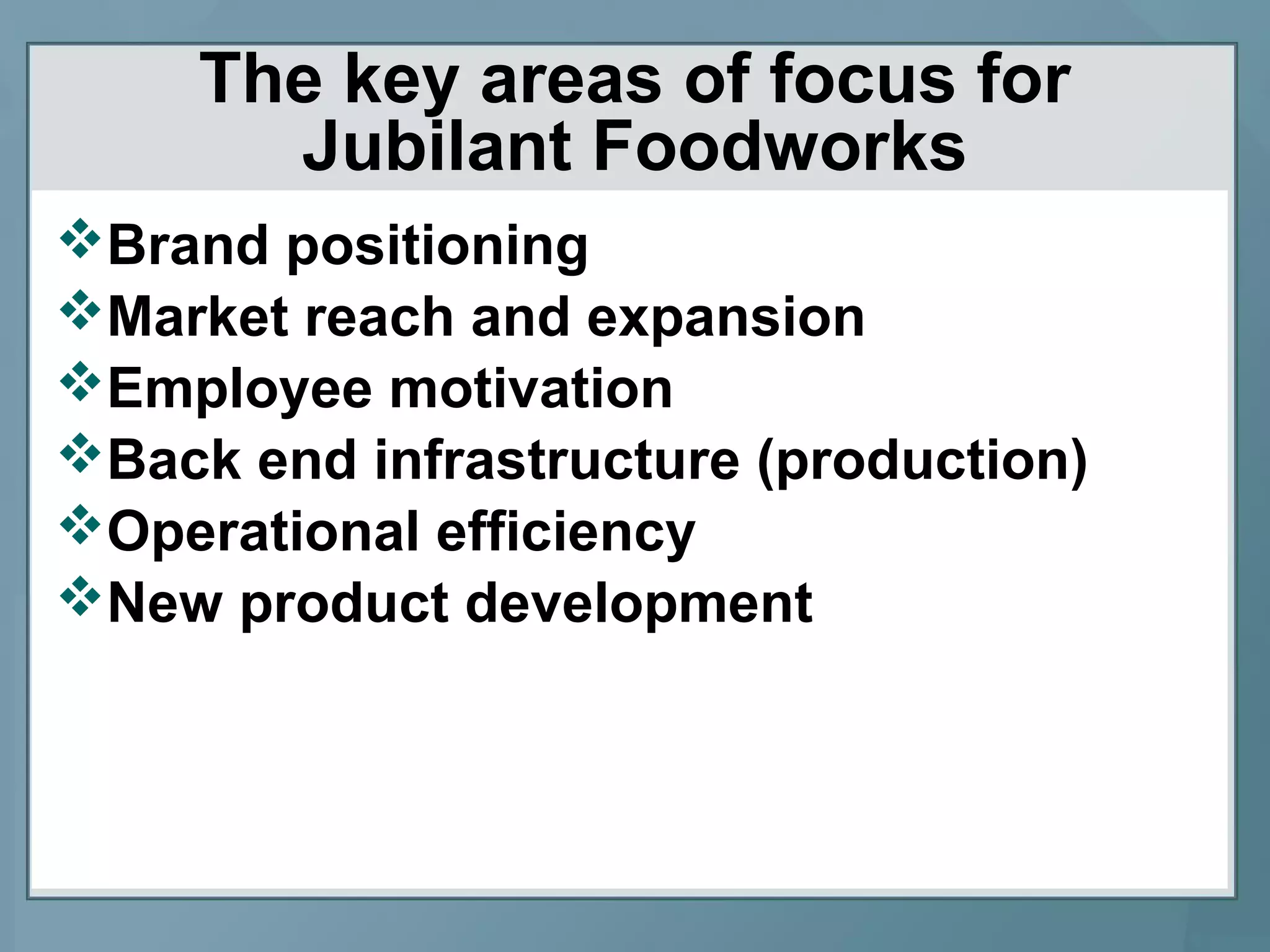 The key areas of focus for
Jubilant Foodworks
Brand positioning
Market reach and expansion
Employee motivation
Back end infrastructure (production)
Operational efficiency
New product development
 